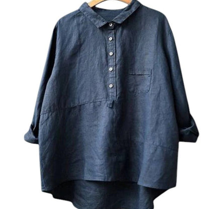 Women’s cotton-linen long sleeve shirt – Lapel neck, relaxed fit, solid colour