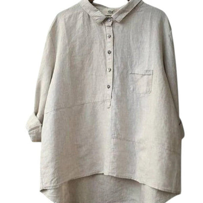 Women’s cotton-linen long sleeve shirt – Lapel neck, relaxed fit, solid colour