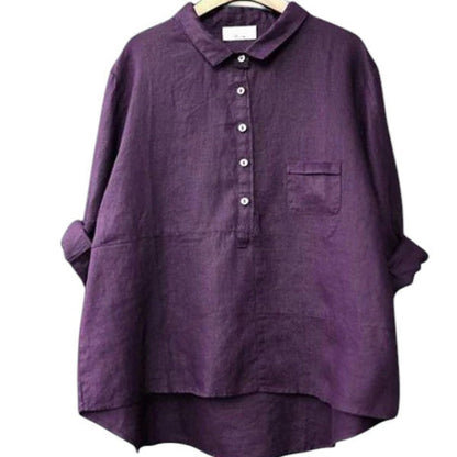 Women’s cotton-linen long sleeve shirt – Lapel neck, relaxed fit, solid colour