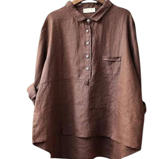 Women’s cotton-linen long sleeve shirt – Lapel neck, relaxed fit, solid colour