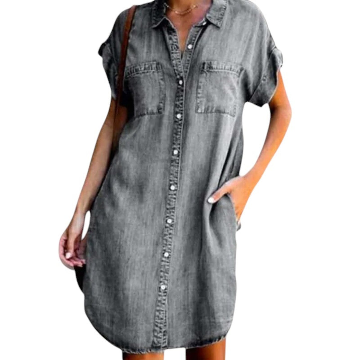 Women’s denim shirt dress – knee-length, short sleeve and relaxed fit