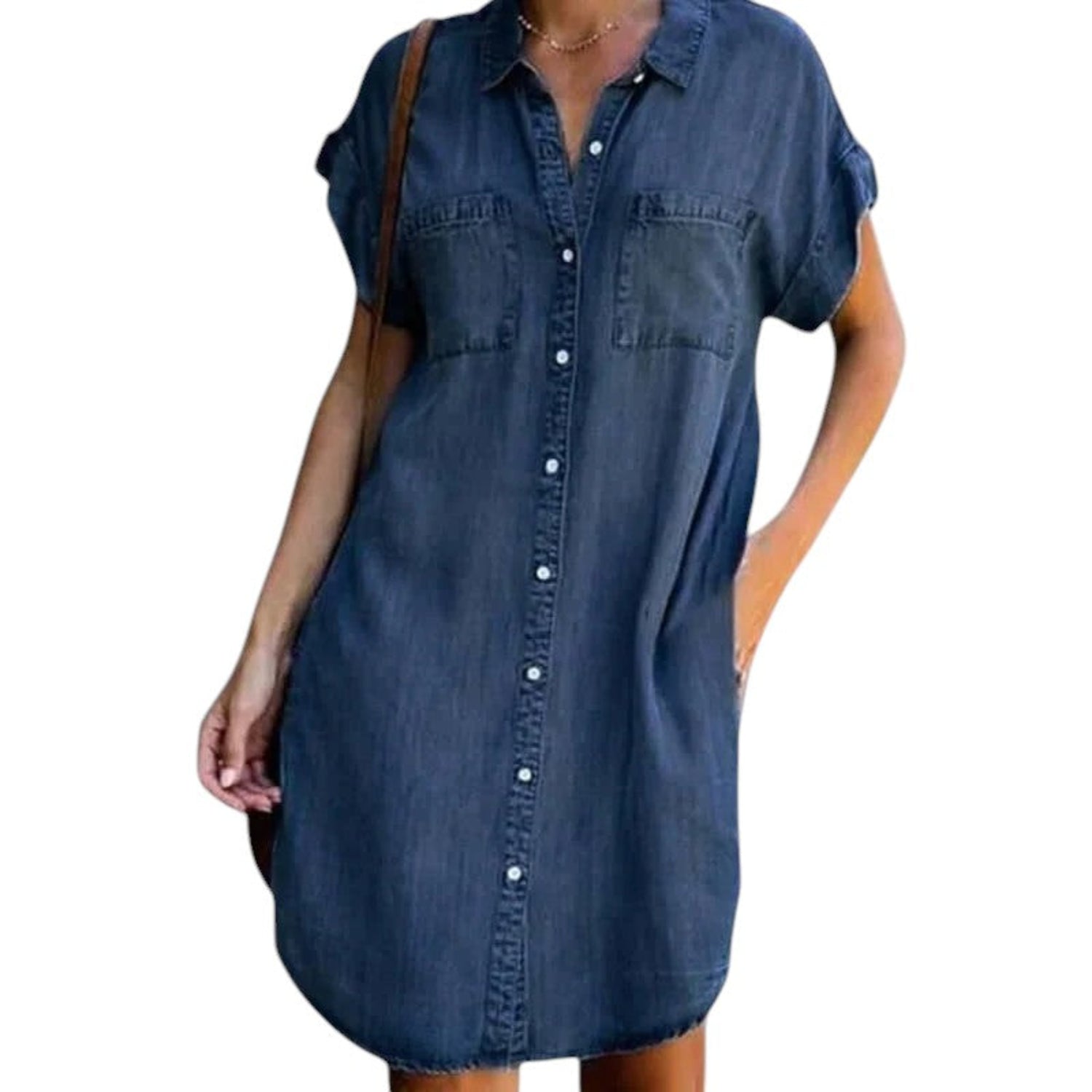 Women’s denim shirt dress – knee-length, short sleeve and relaxed fit