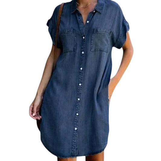 Women’s denim shirt dress – knee-length, short sleeve and relaxed fit