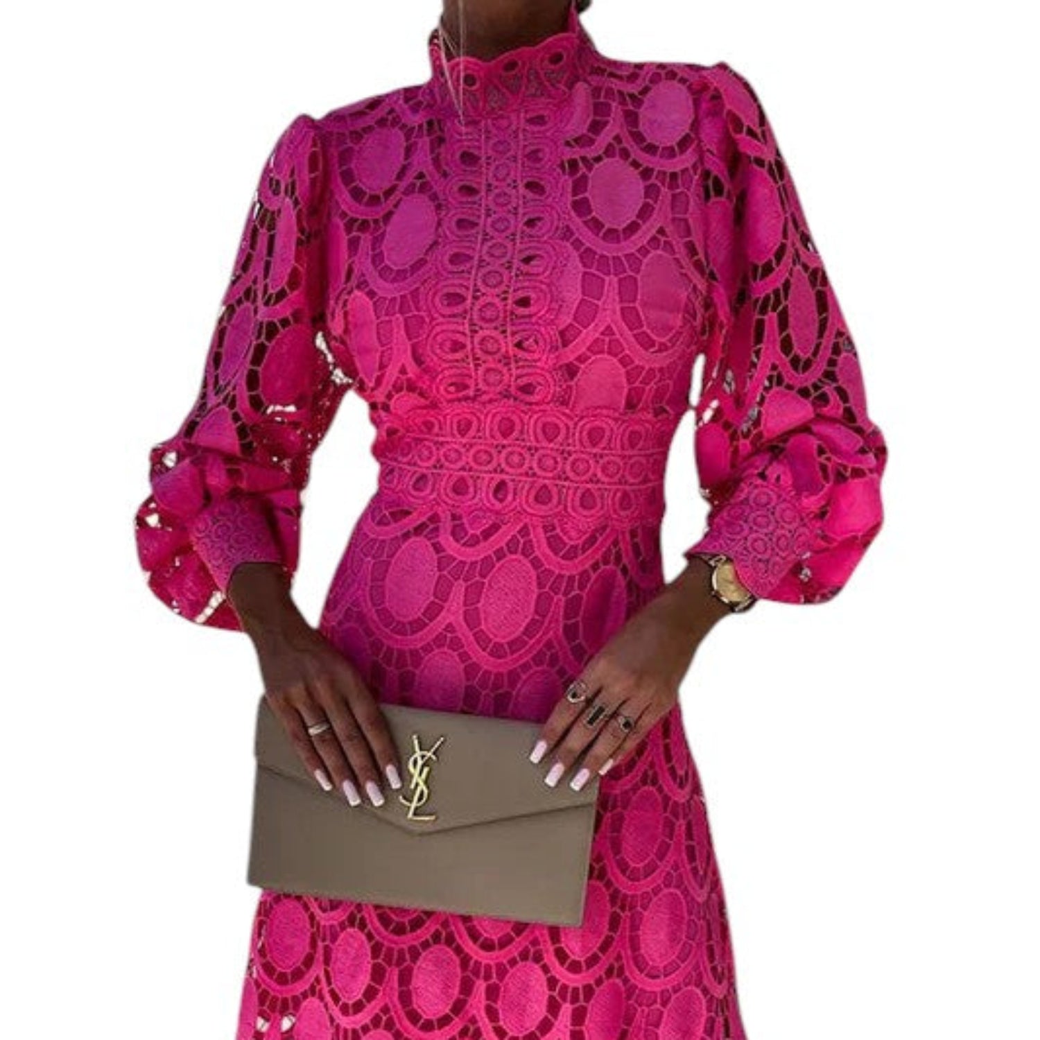 Women’s lace midi dress – High neck & puff sleeves for elegant occasions