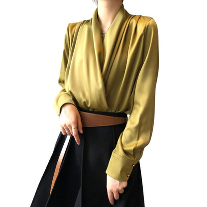 Women's soft pleated draped blouse with long sleeves