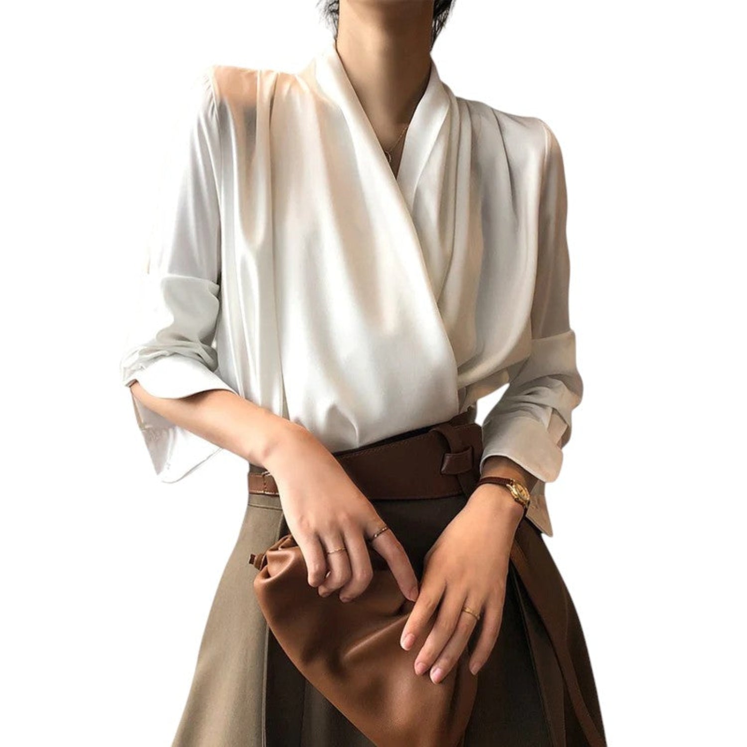 Women's soft pleated draped blouse with long sleeves