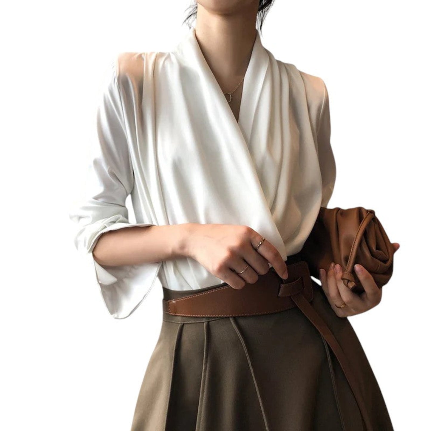 Women's soft pleated draped blouse with long sleeves