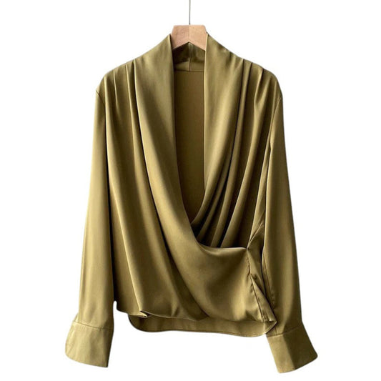 Women's soft pleated draped blouse with long sleeves