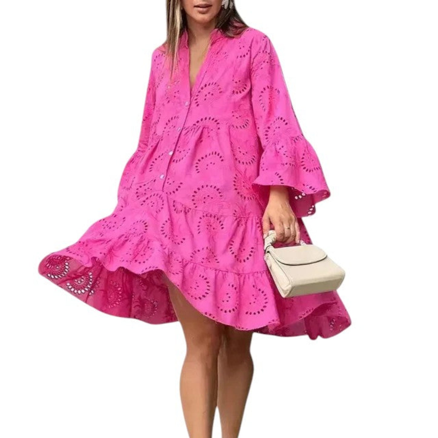 Women’s tiered A-line dress with eyelet embroidery and bell sleeves