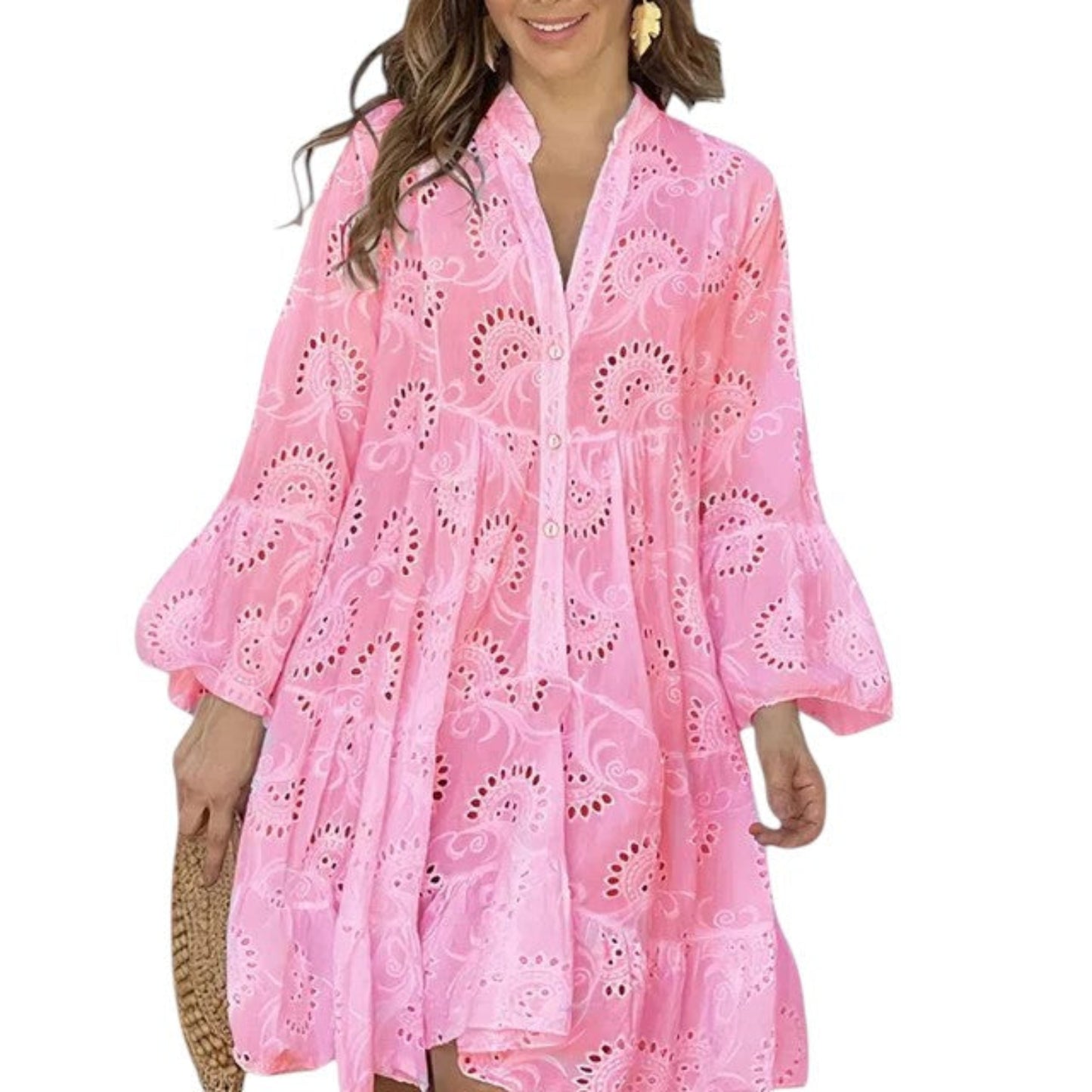 Women’s tiered A-line dress with eyelet embroidery and bell sleeves
