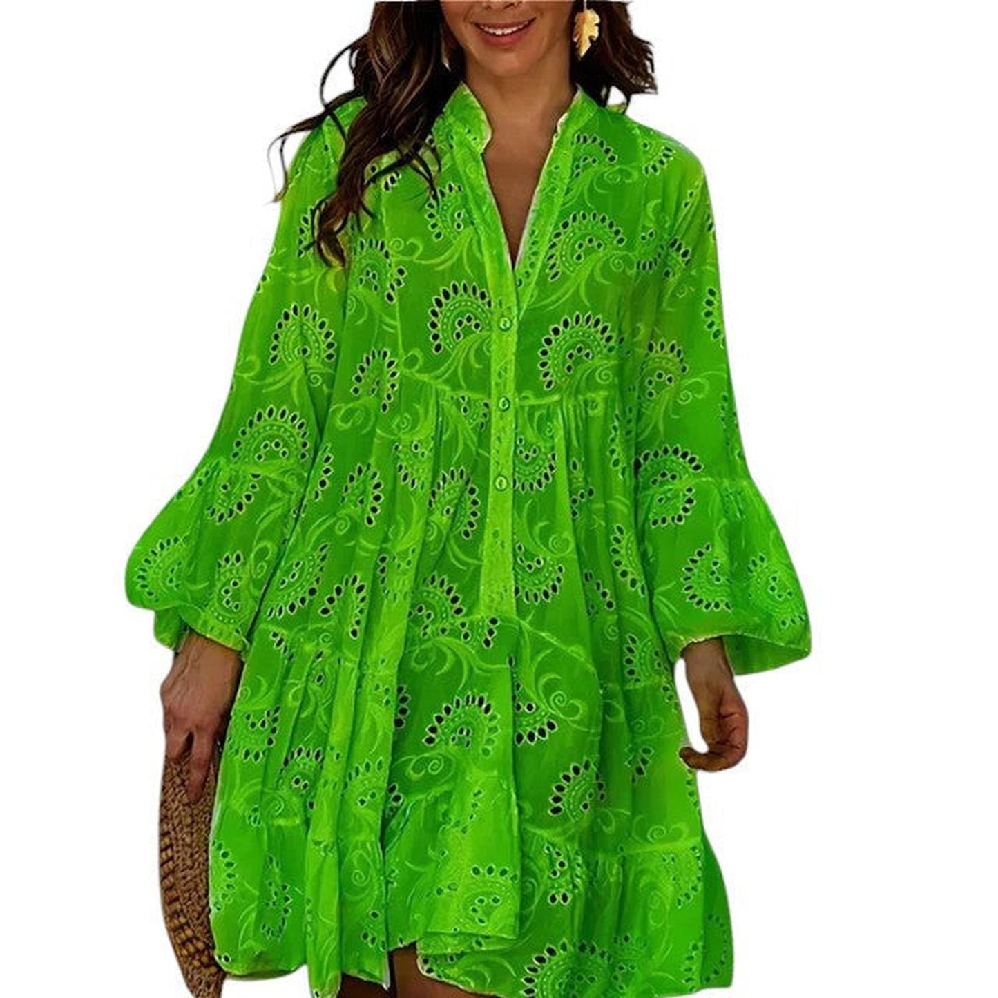 Women’s tiered A-line dress with eyelet embroidery and bell sleeves