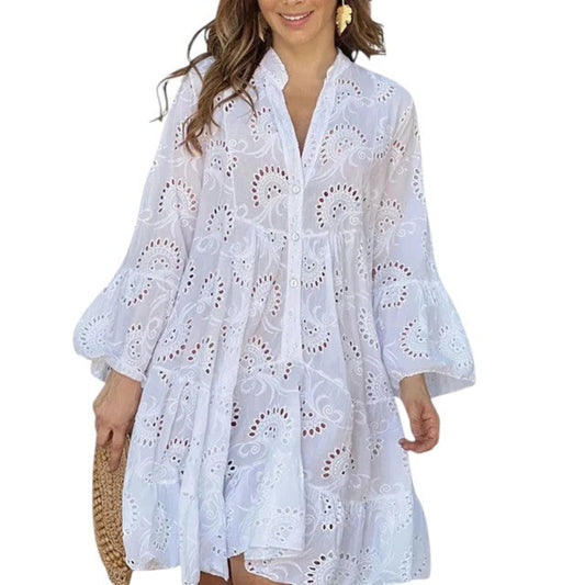 Women’s tiered A-line dress with eyelet embroidery and bell sleeves