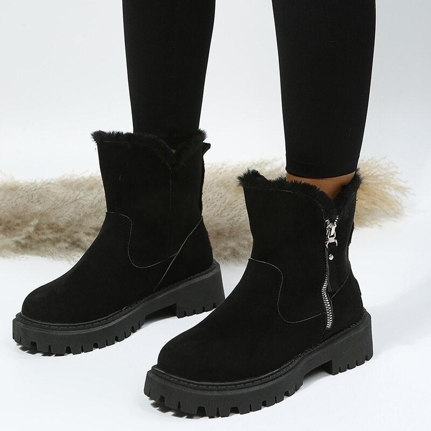 Ankle Boots Women Suede Look Warm Lining Side Zip Non-Slip Lug Sole