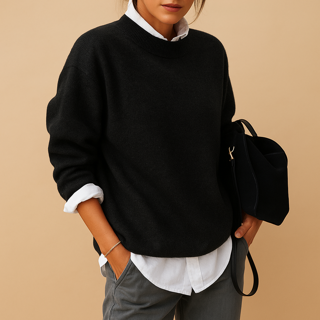 Person wearing a black sweater over a white shirt with gray pants, holding a black bag on a beige background