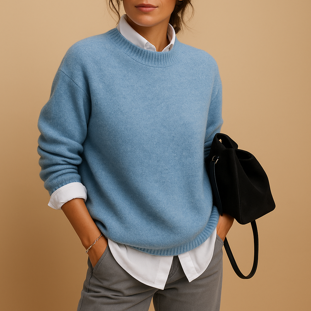 Person wearing a blue sweater over a white shirt with gray pants, holding a black bag on a beige background