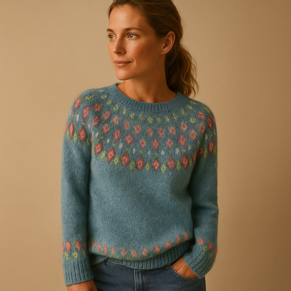 Woman wearing a blue knitted sweater with floral patterns against a beige background