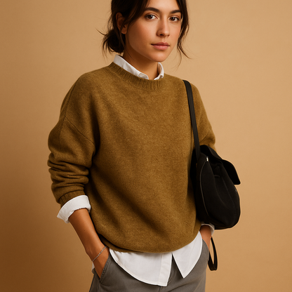 Woman wearing a brown sweater over a white shirt, holding a black bag against a beige background