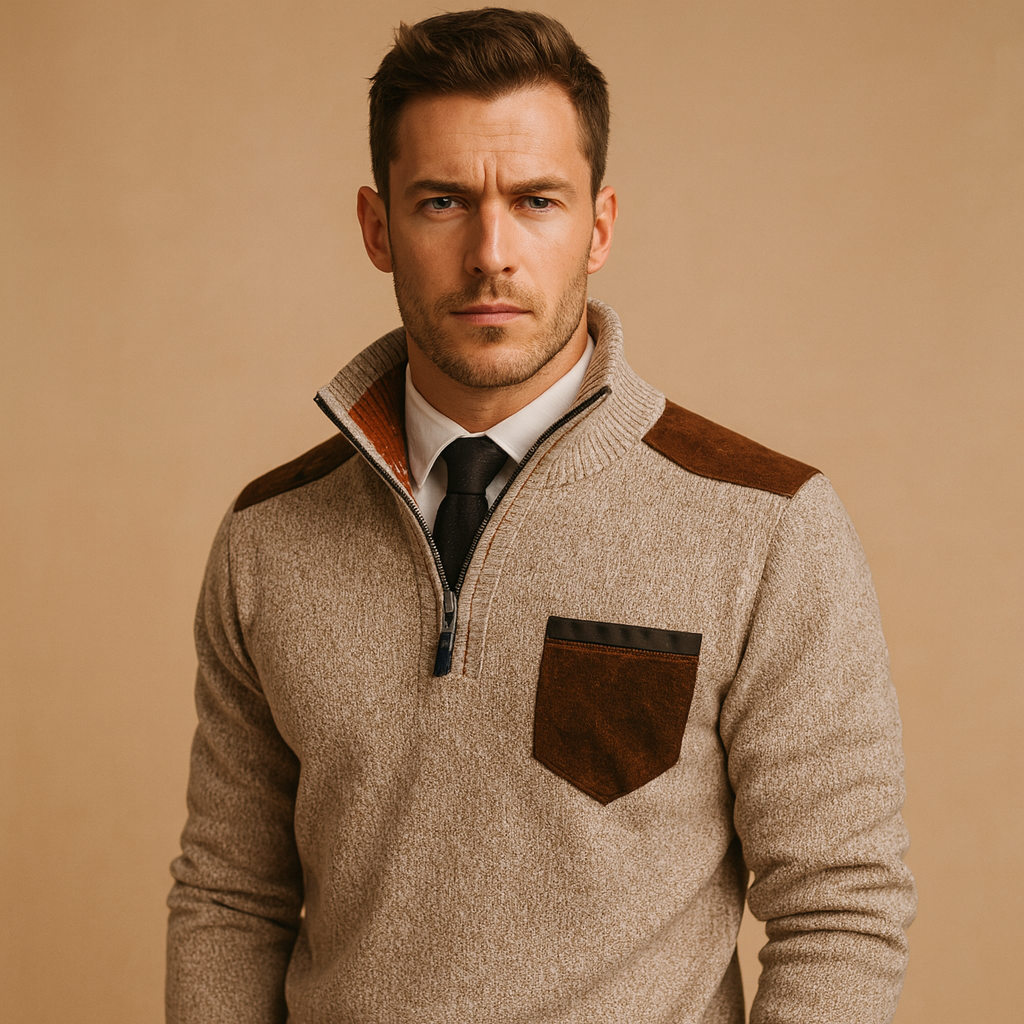 Man wearing a beige sweater with brown accents on a beige background