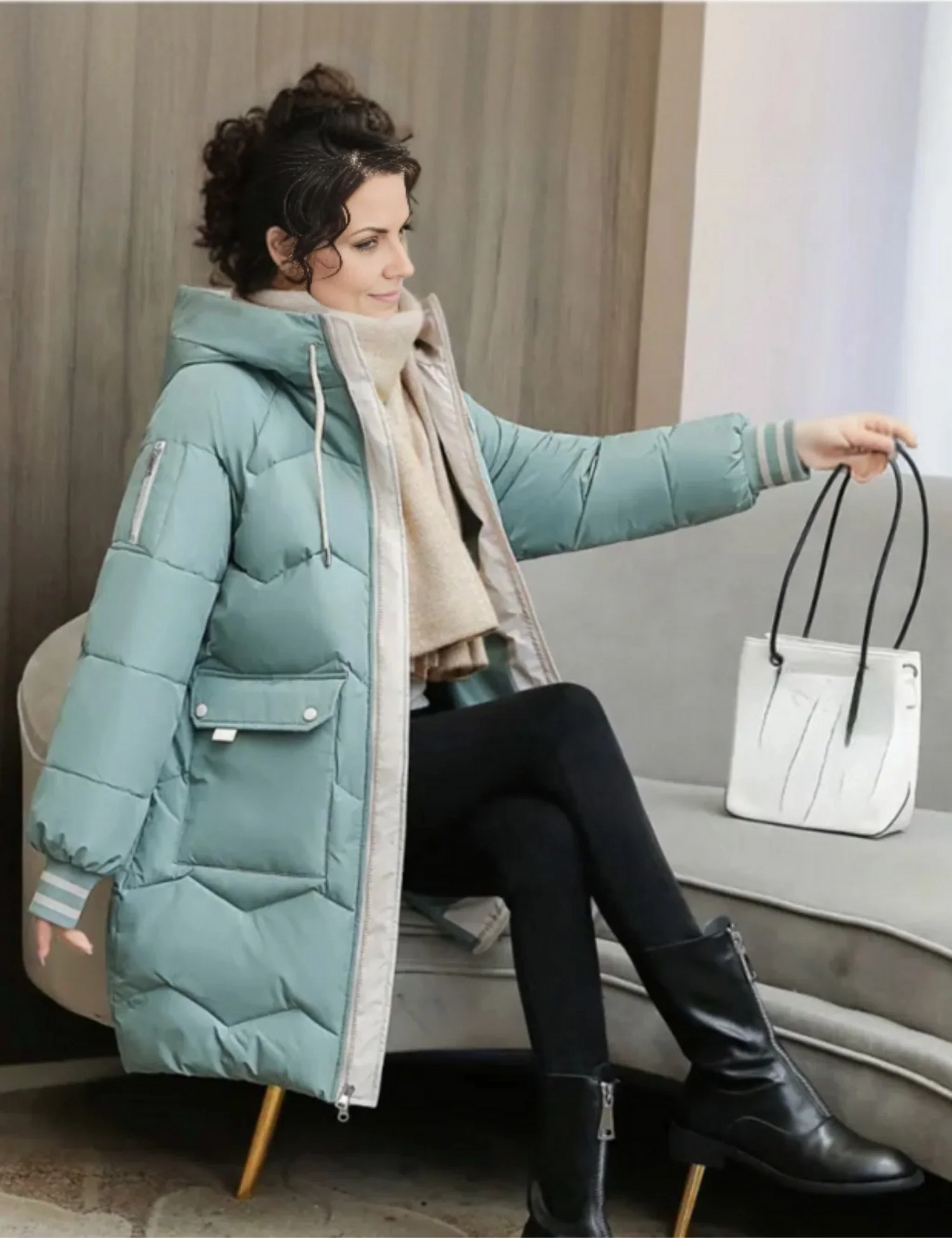 Quilted Jacket Women Hooded Tailored Fit Knee Length Coat
