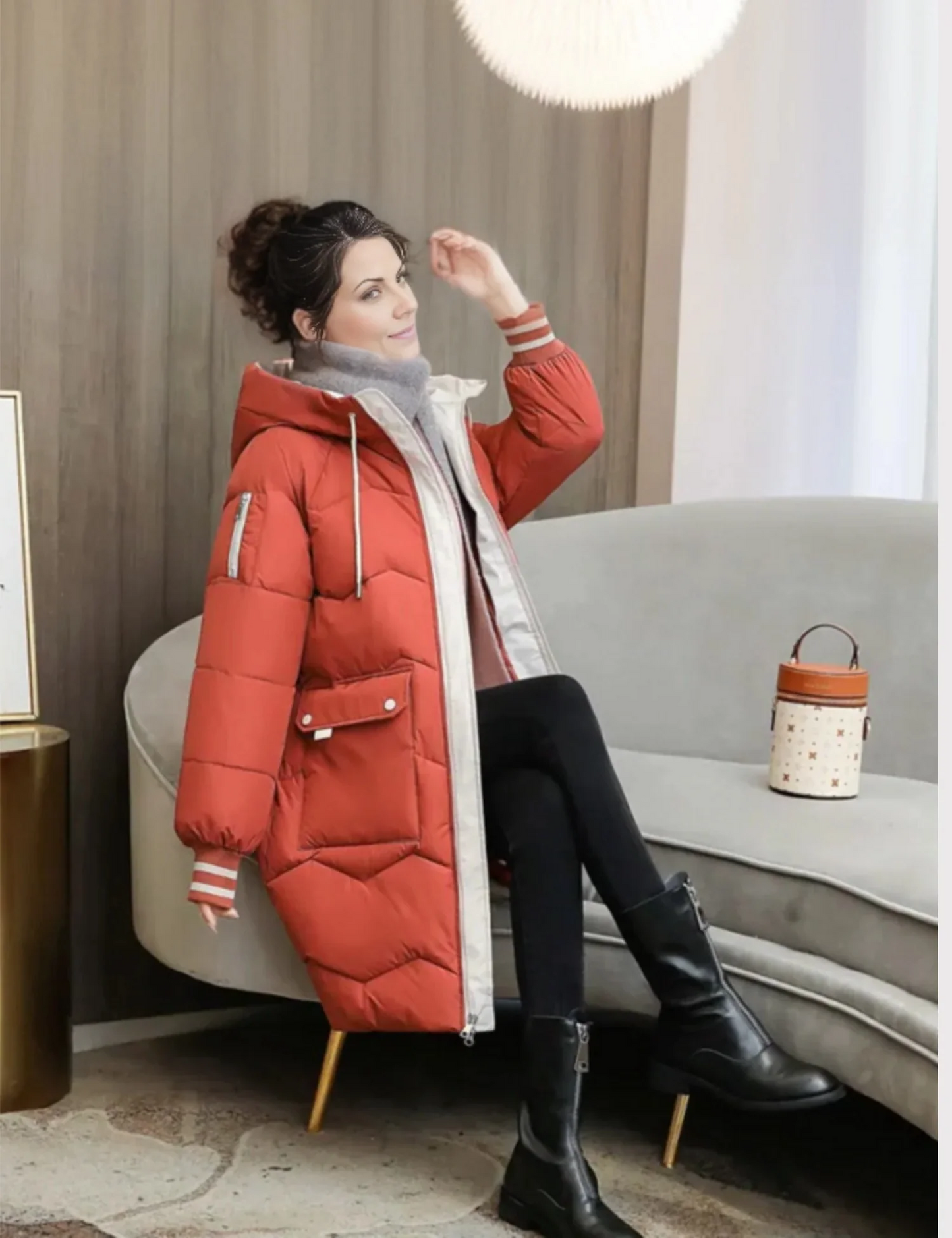 Quilted Jacket Women Hooded Tailored Fit Knee Length Coat