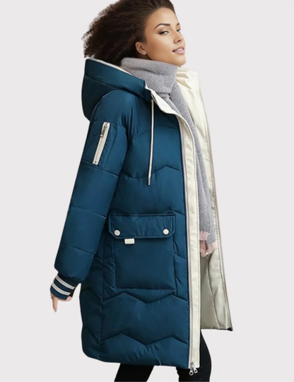 Quilted Jacket Women Hooded Tailored Fit Knee Length Coat