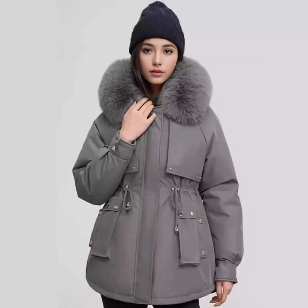 Women’s hip length coat - tailored fit with faux fur collar cinched waist and zip closure