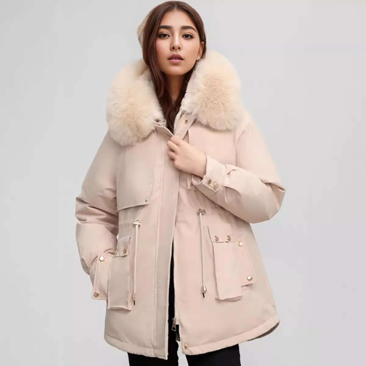 Women’s hip length coat - tailored fit with faux fur collar cinched waist and zip closure