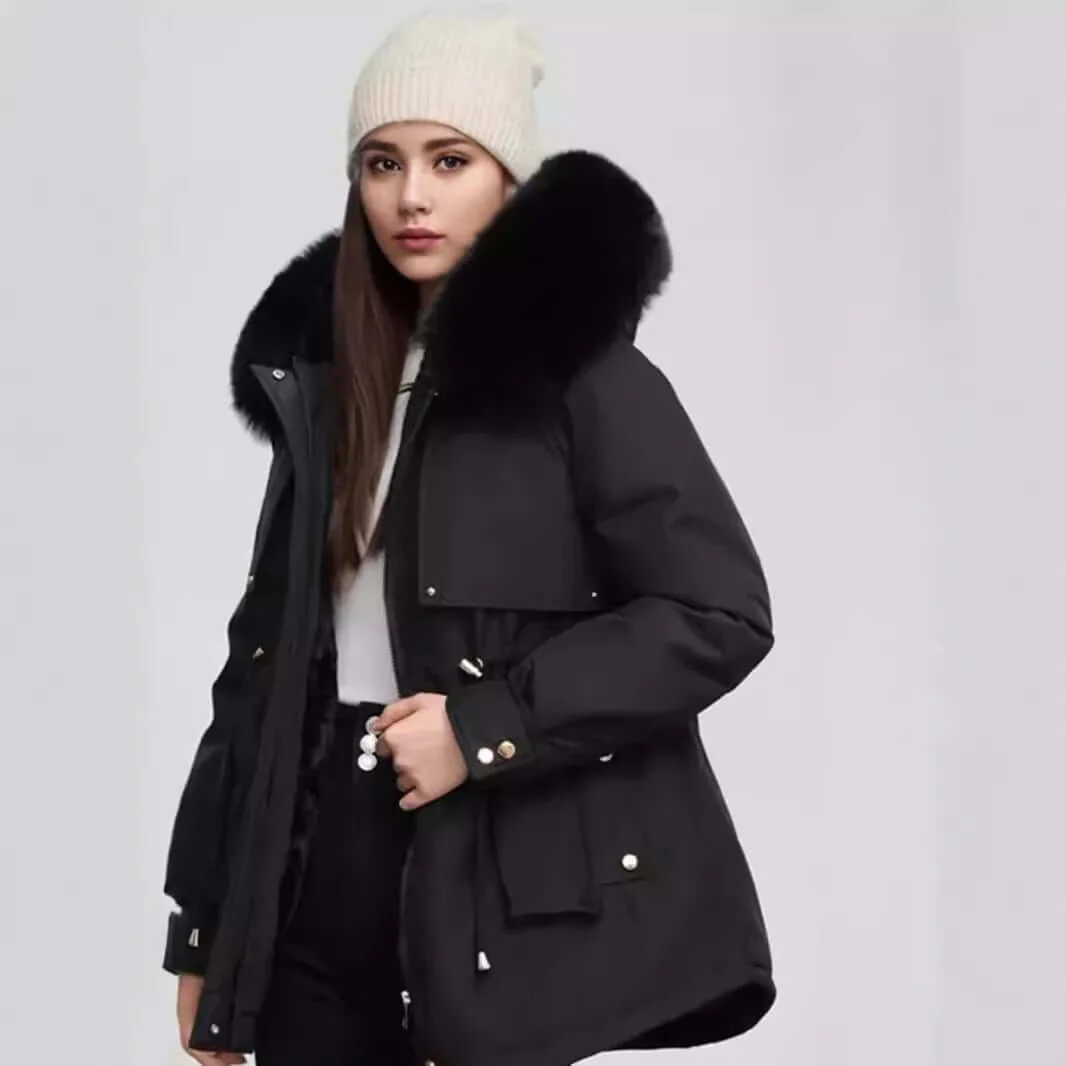 Women’s hip length coat - tailored fit with faux fur collar cinched waist and zip closure
