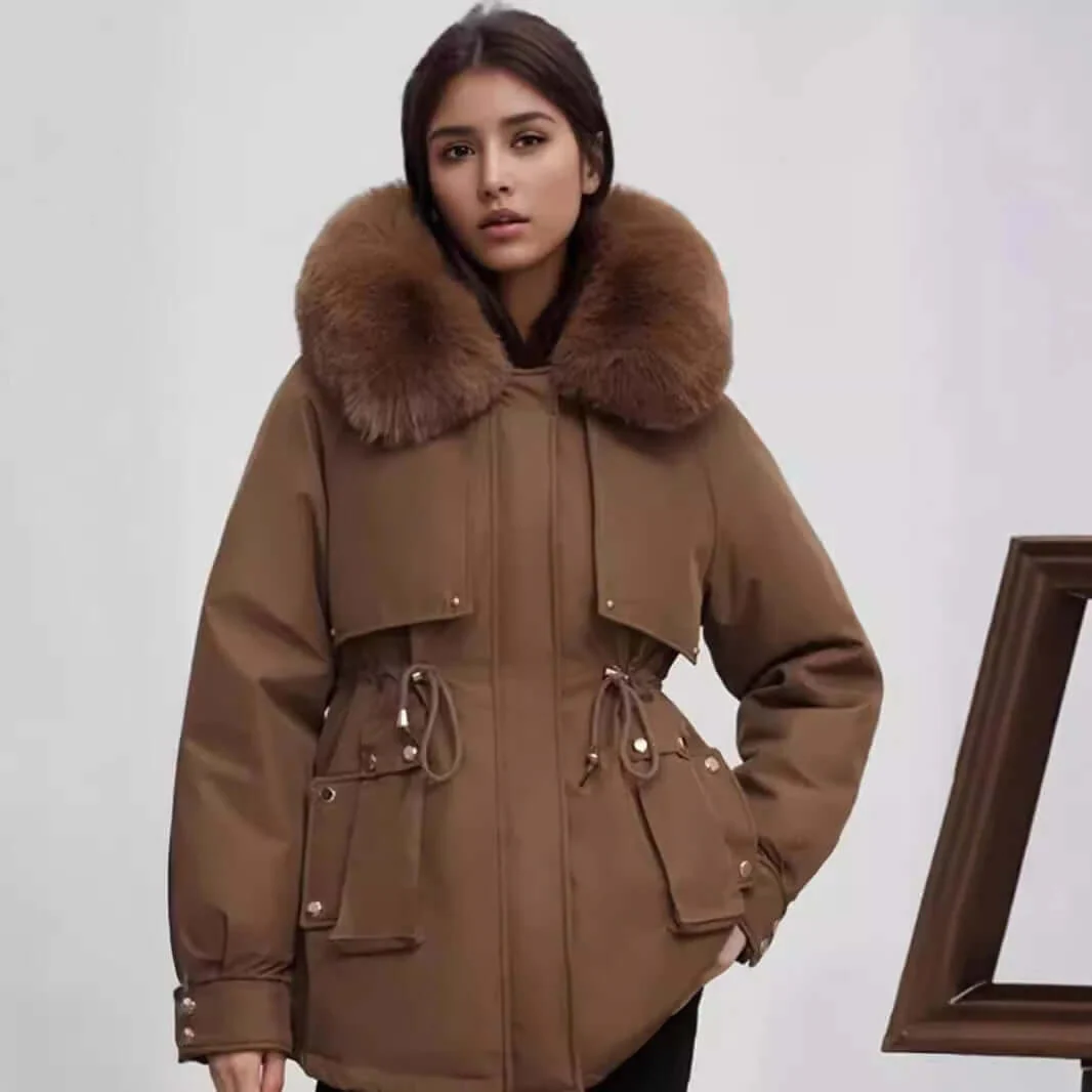 Women’s hip length coat - tailored fit with faux fur collar cinched waist and zip closure