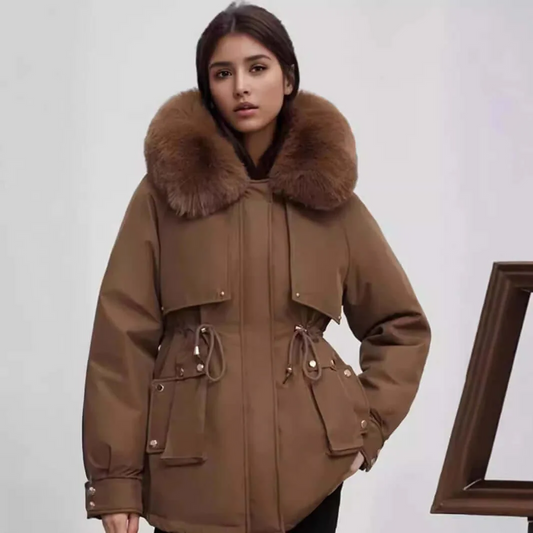 Women’s hip length coat - tailored fit with faux fur collar cinched waist and zip closure