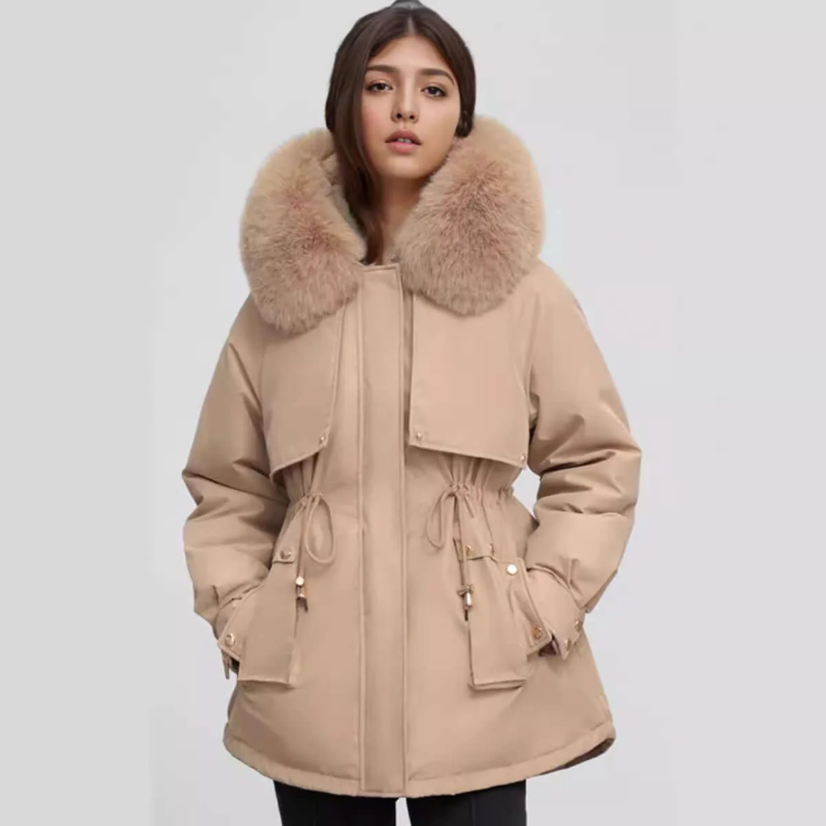 Women’s hip length coat - tailored fit with faux fur collar cinched waist and zip closure