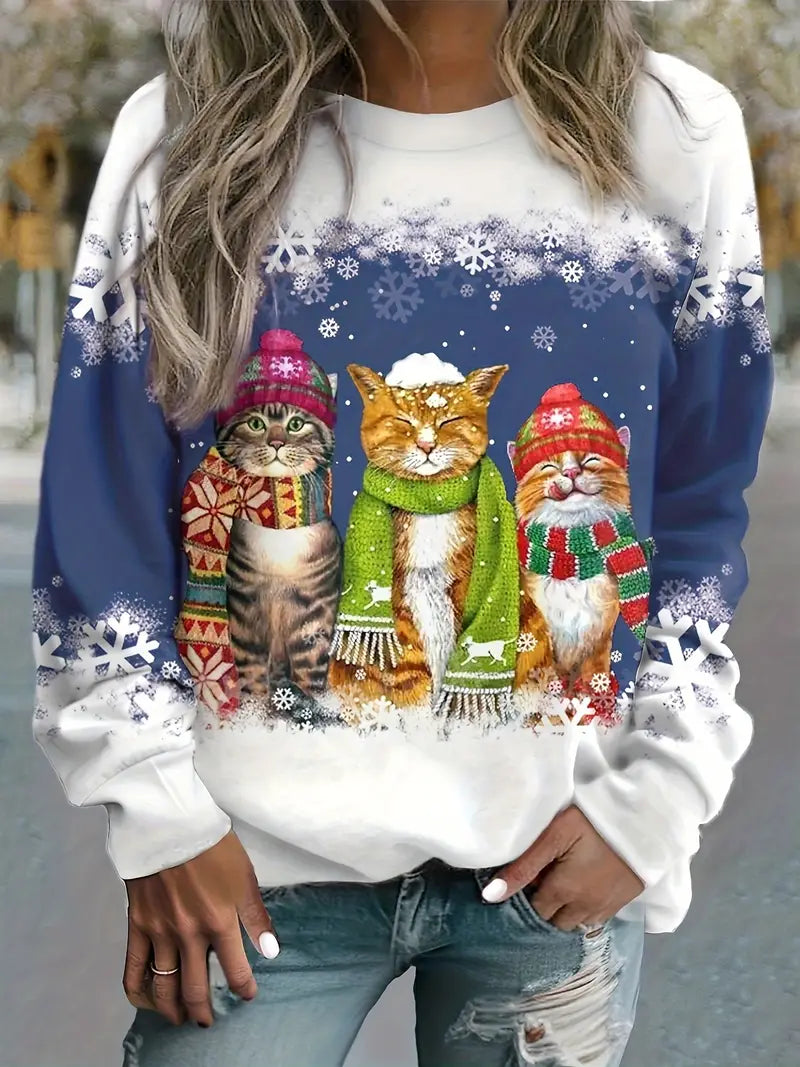 Women’s Christmas Sweater with Cat Print - Long Sleeve Jumper