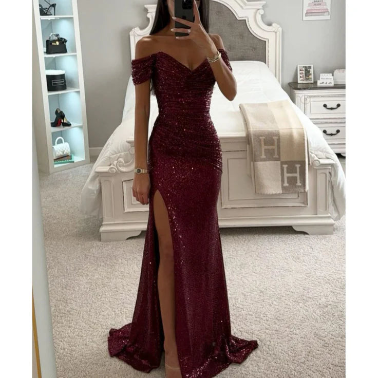 Evening Maxi Dress Women Rhinestone Elegant Gown