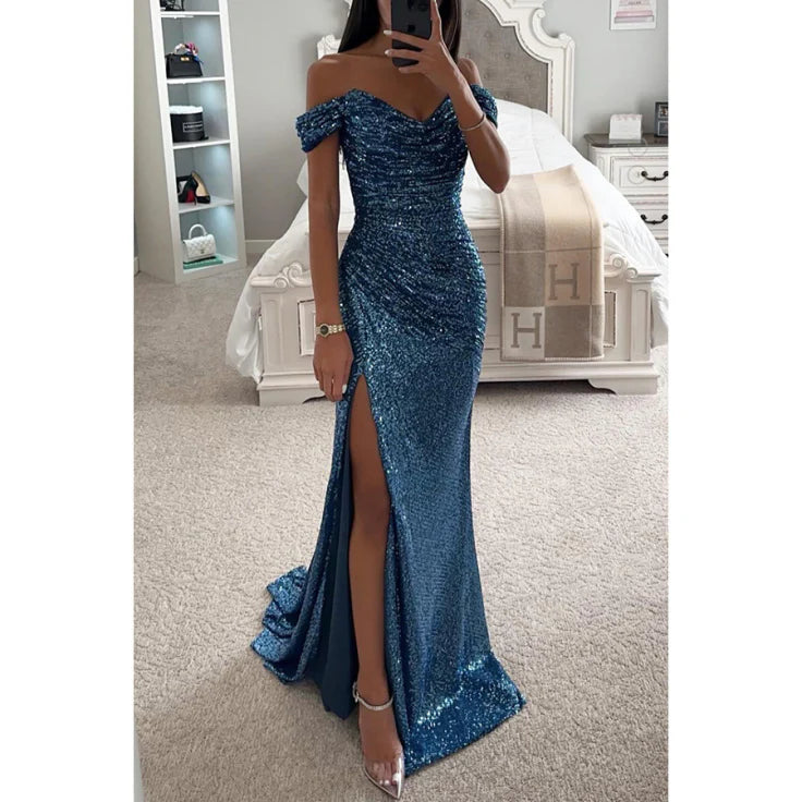 Evening Maxi Dress Women Rhinestone Elegant Gown
