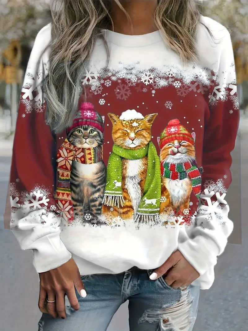 Women’s Christmas Sweater with Cat Print - Long Sleeve Jumper