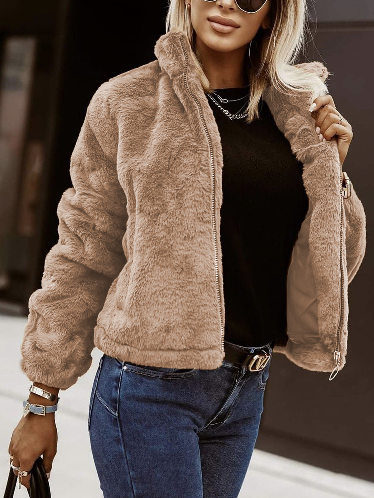 Faux Fur Coat Women Oversized Fit High Collar Zip Front Plush Texture
