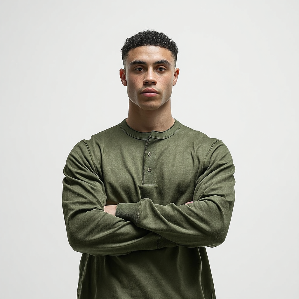 Man wearing a green long-sleeve shirt against a plain background