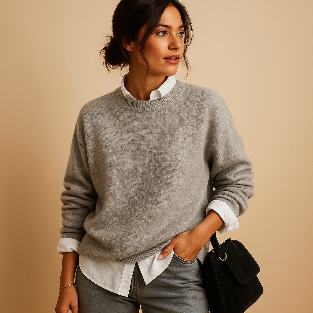Woman wearing a gray sweater over a white shirt with a black handbag on a beige background