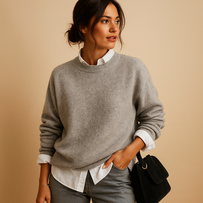 Woman wearing a gray sweater over a white shirt with a black handbag on a beige background