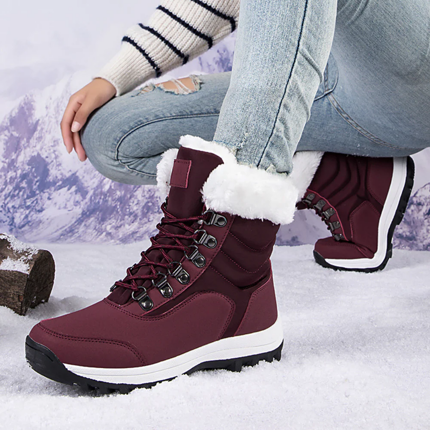 Women’s mid-calf boots - quilted with fleece lining, lace-up design, grip sole and water-resistant