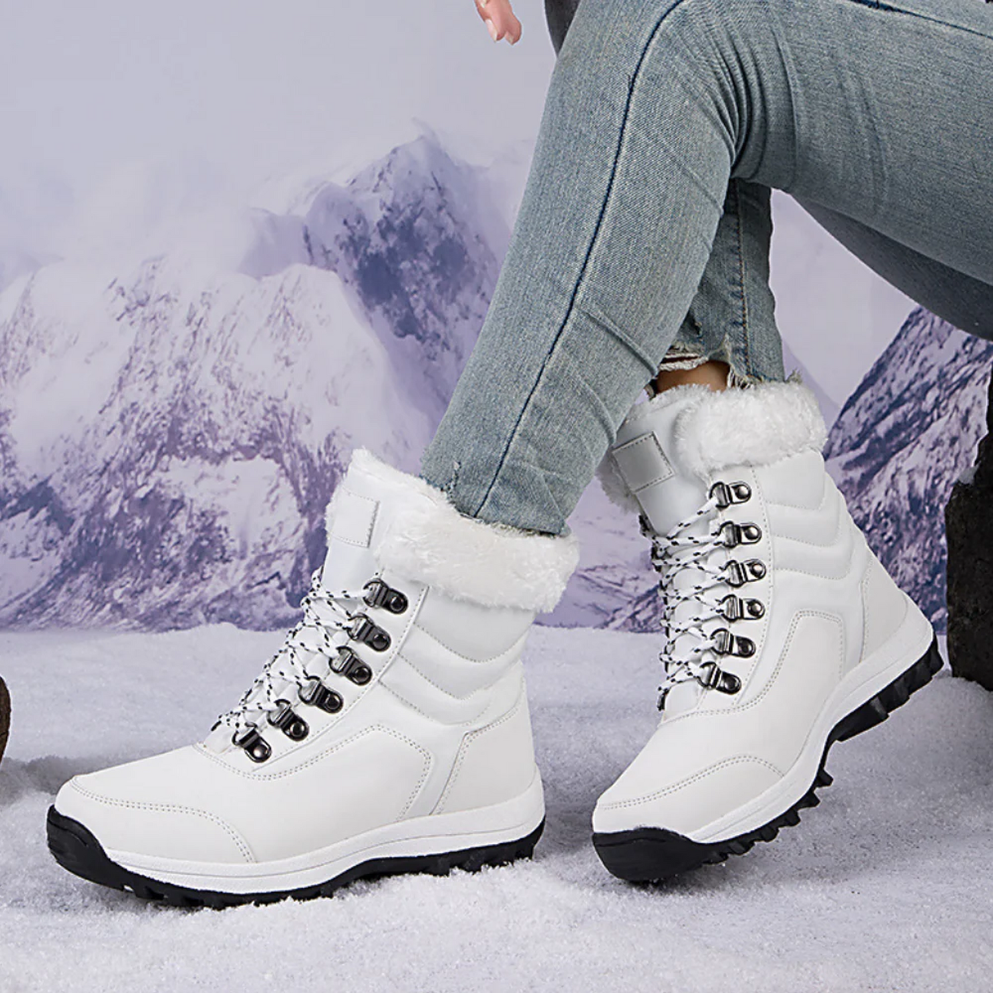 Women’s mid-calf boots - quilted with fleece lining, lace-up design, grip sole and water-resistant