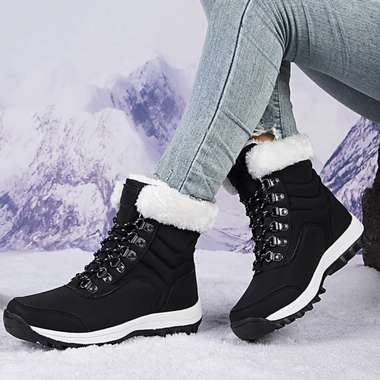 Women’s mid-calf boots - quilted with fleece lining, lace-up design, grip sole and water-resistant