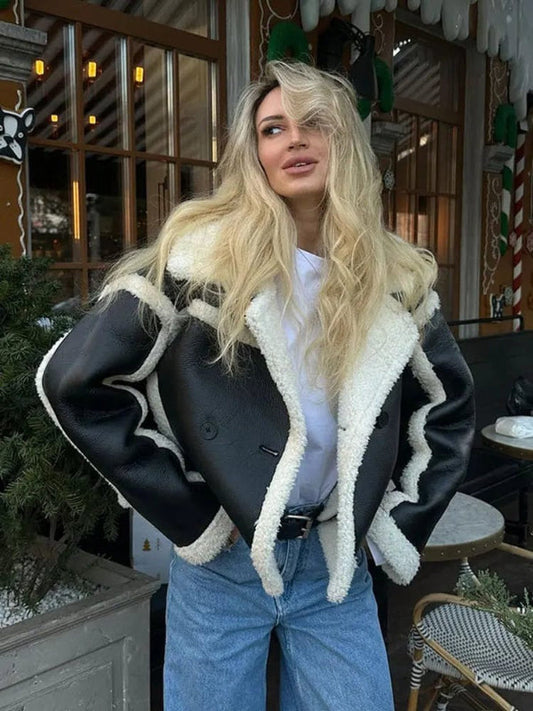Women’s cropped jacket - oversized fit with faux shearling lining and contrast trim