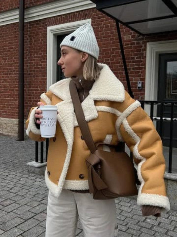 Women’s cropped jacket - oversized fit with faux shearling lining and contrast trim