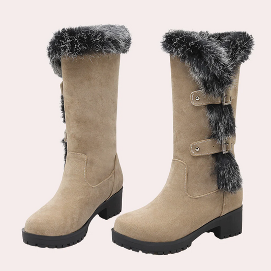 Women’s knee-high boots - suede touch with faux fur trim, lug sole and buckle detail