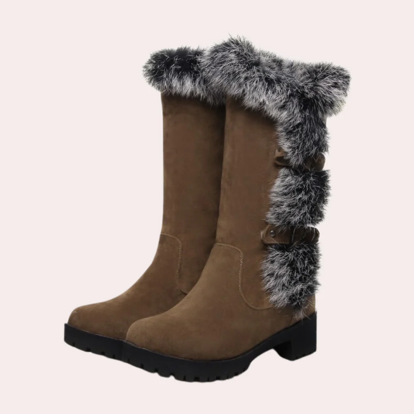 Women’s knee-high boots - suede touch with faux fur trim, lug sole and buckle detail