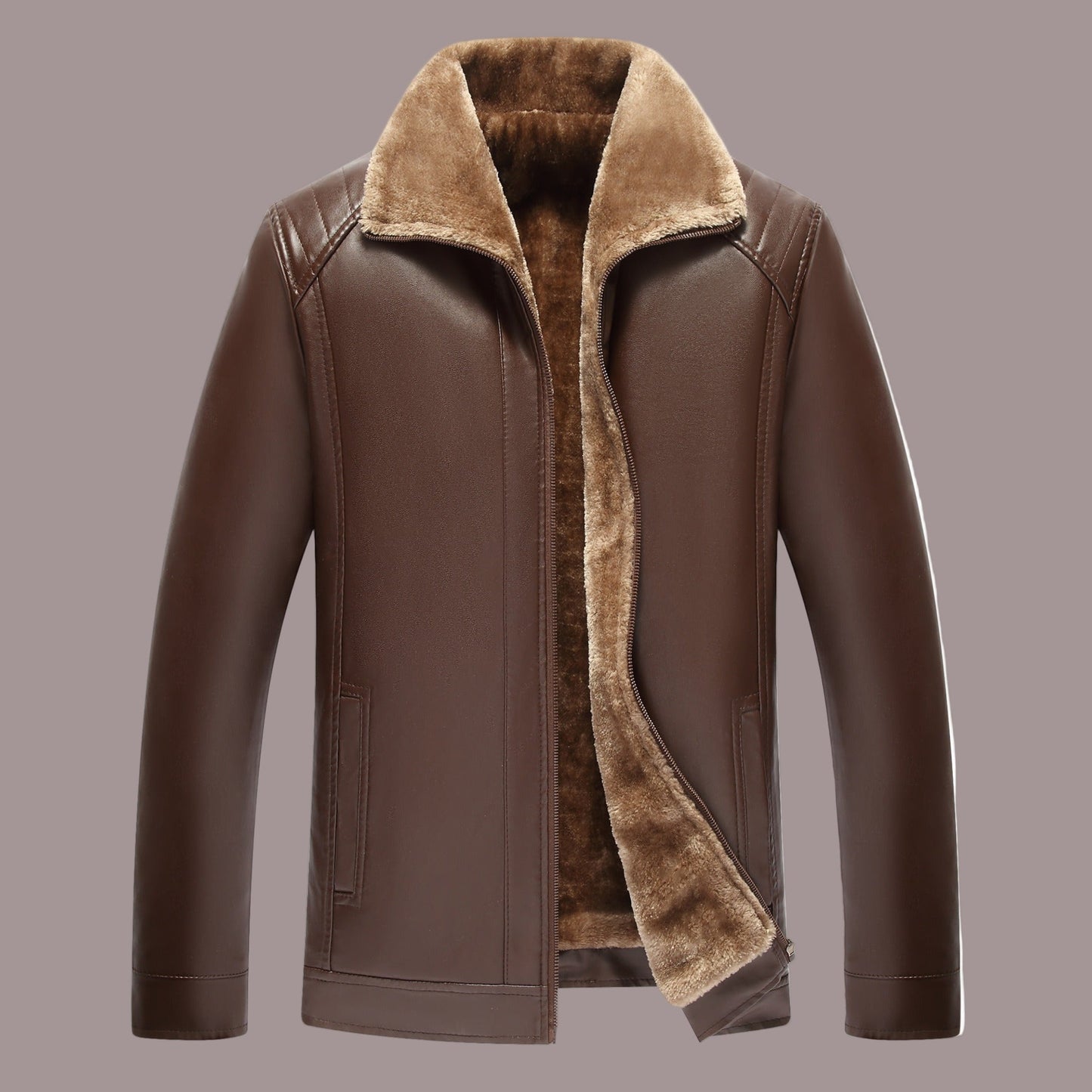 Faux Leather Jacket Men Warm Lined Jacket with Zipper