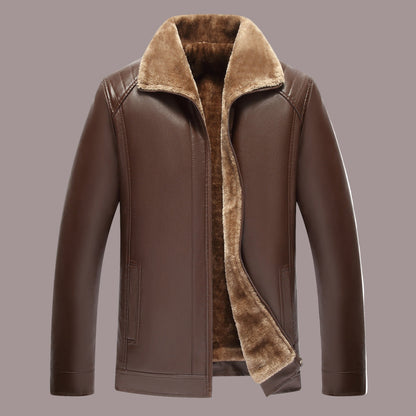 Faux Leather Jacket Men Warm Lined Jacket with Zipper