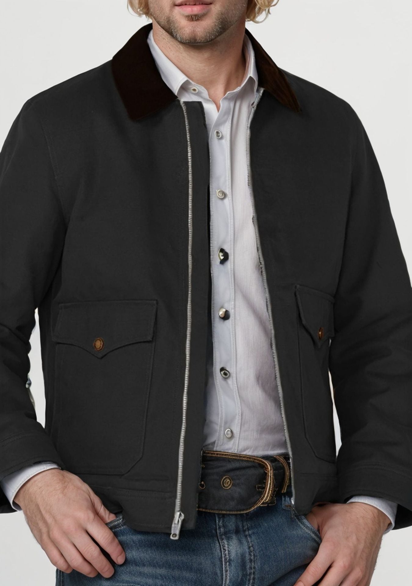 Men’s jacket - regular fit cotton blend with zip front and flap pockets - smart casual