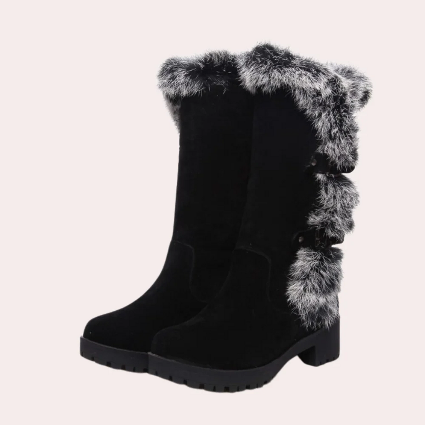 Women’s knee-high boots - suede touch with faux fur trim, lug sole and buckle detail